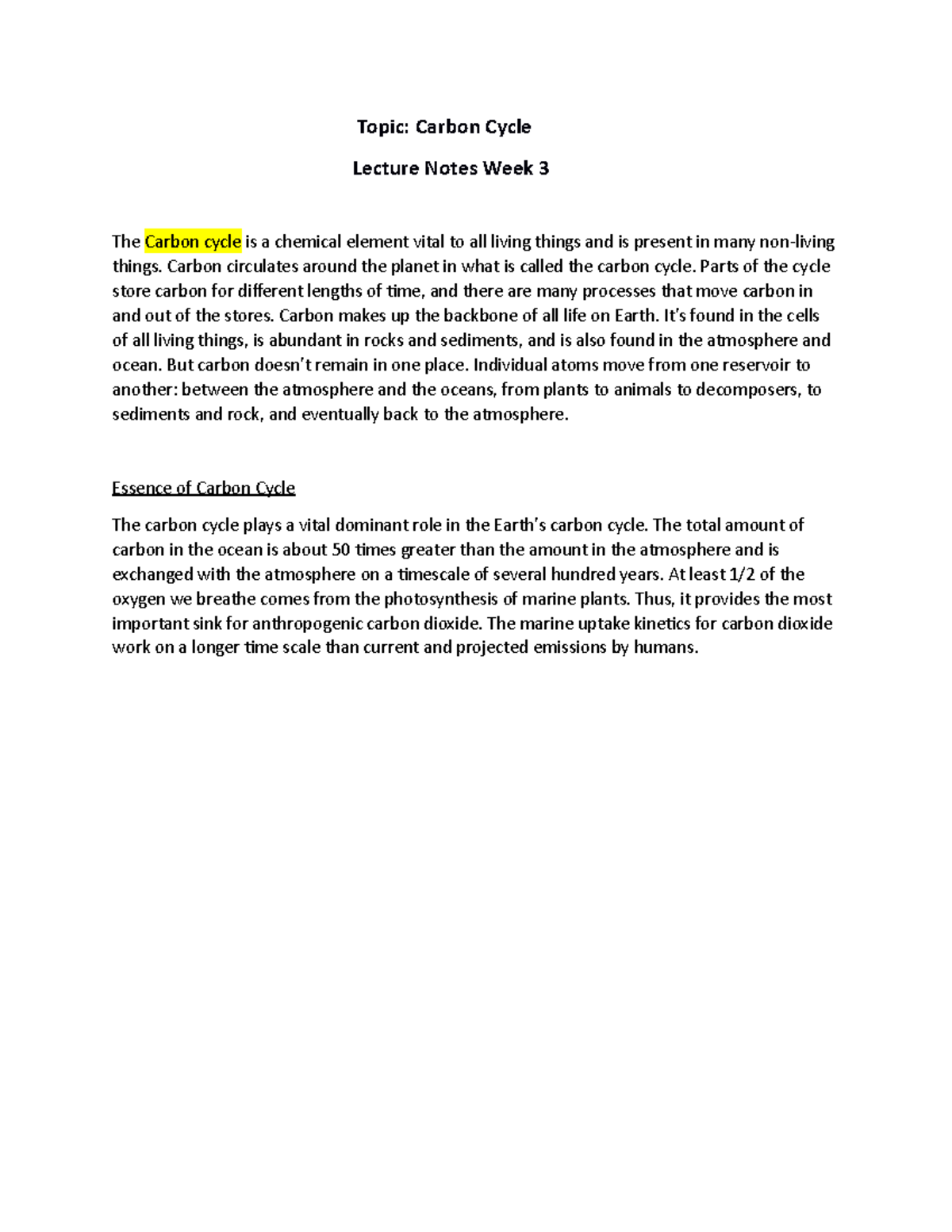 About carbon cycle - Topic: Carbon Cycle Lecture Notes Week 3 The ...