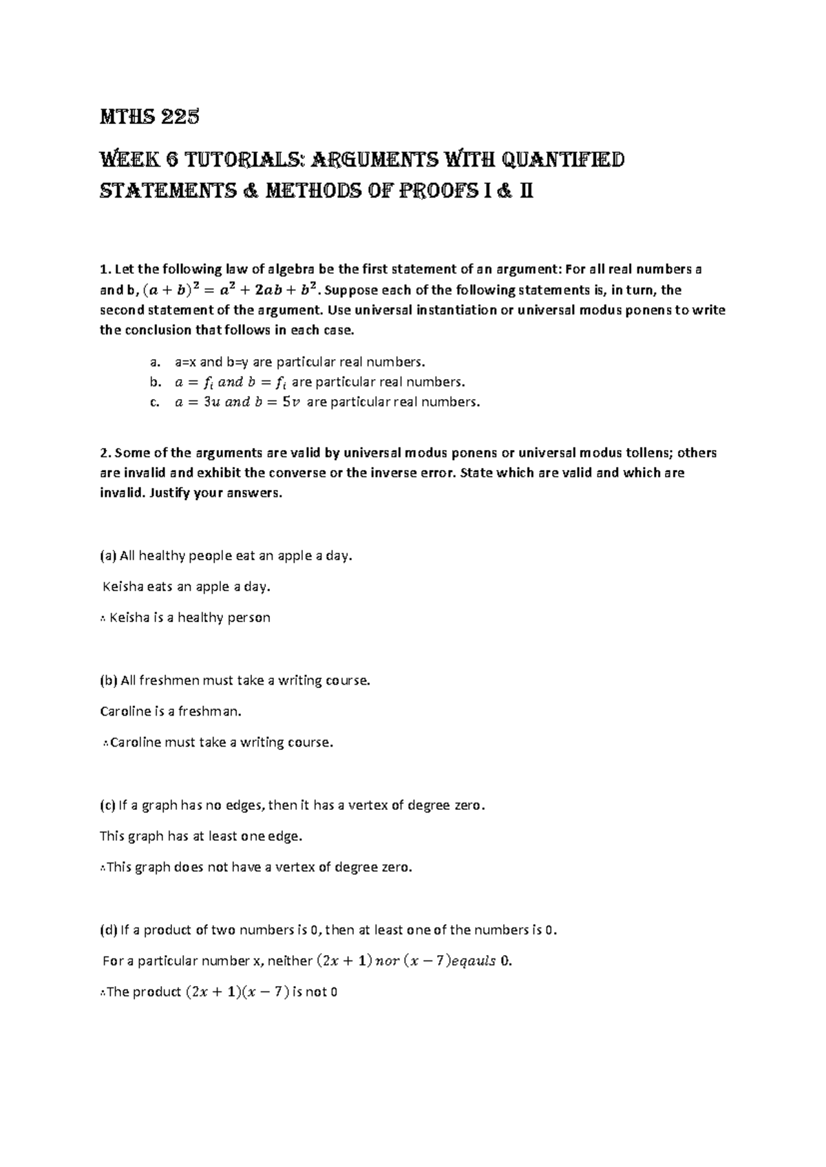 WEEK 6 Tutorials Arguments with quantified statements methods of proofs ...