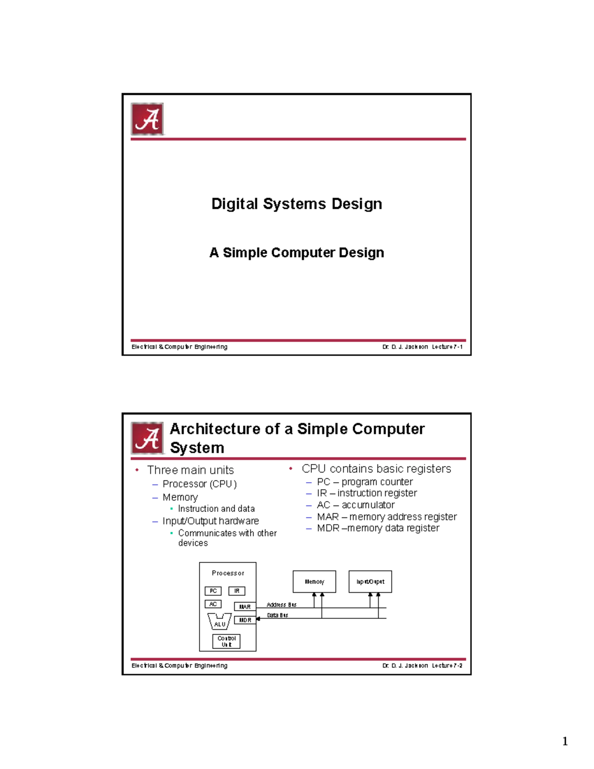 Lec 7 - A Simple Computer Design - Digital Systems Design A Simple ...