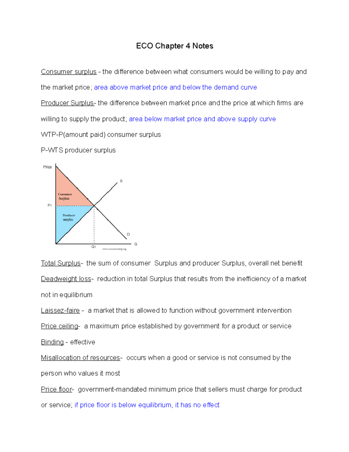 ECO Chapter 4 Notes - ECO Chapter 4 Notes Consumer surplus - the ...