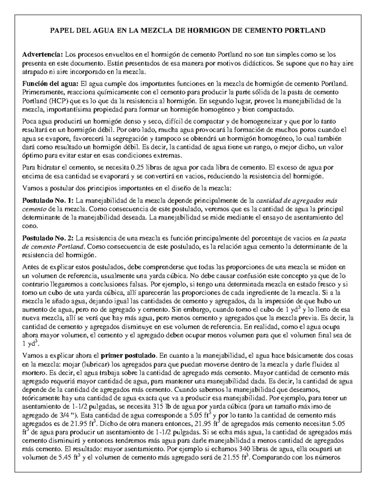 Relacion Agua Cemento PAPEL DEL AGUA EN LA MEZCLA DE HORMIGON DE 