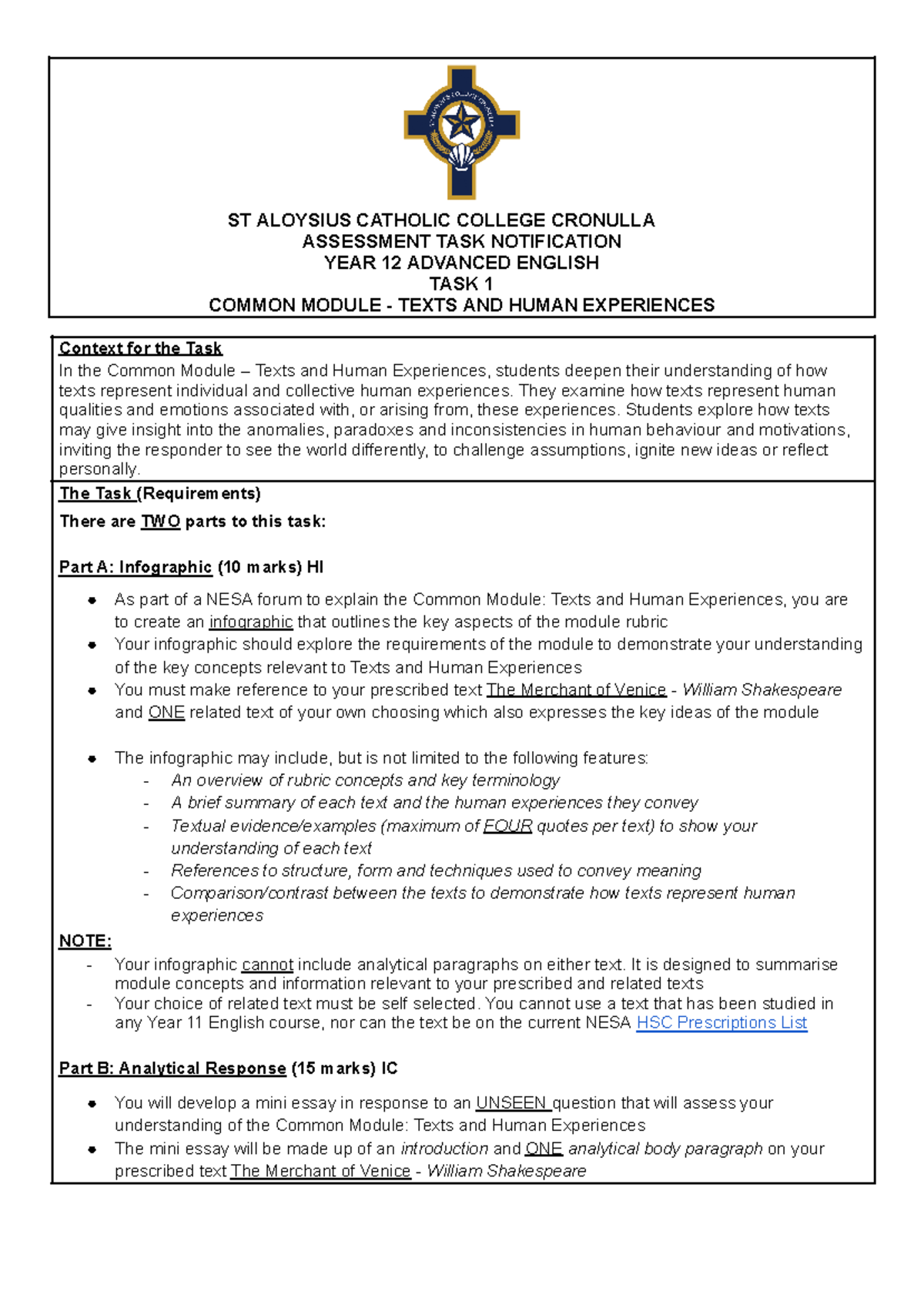 12 Advanced Assessment Notification (Task 1) - ST ALOYSIUS CATHOLIC ...