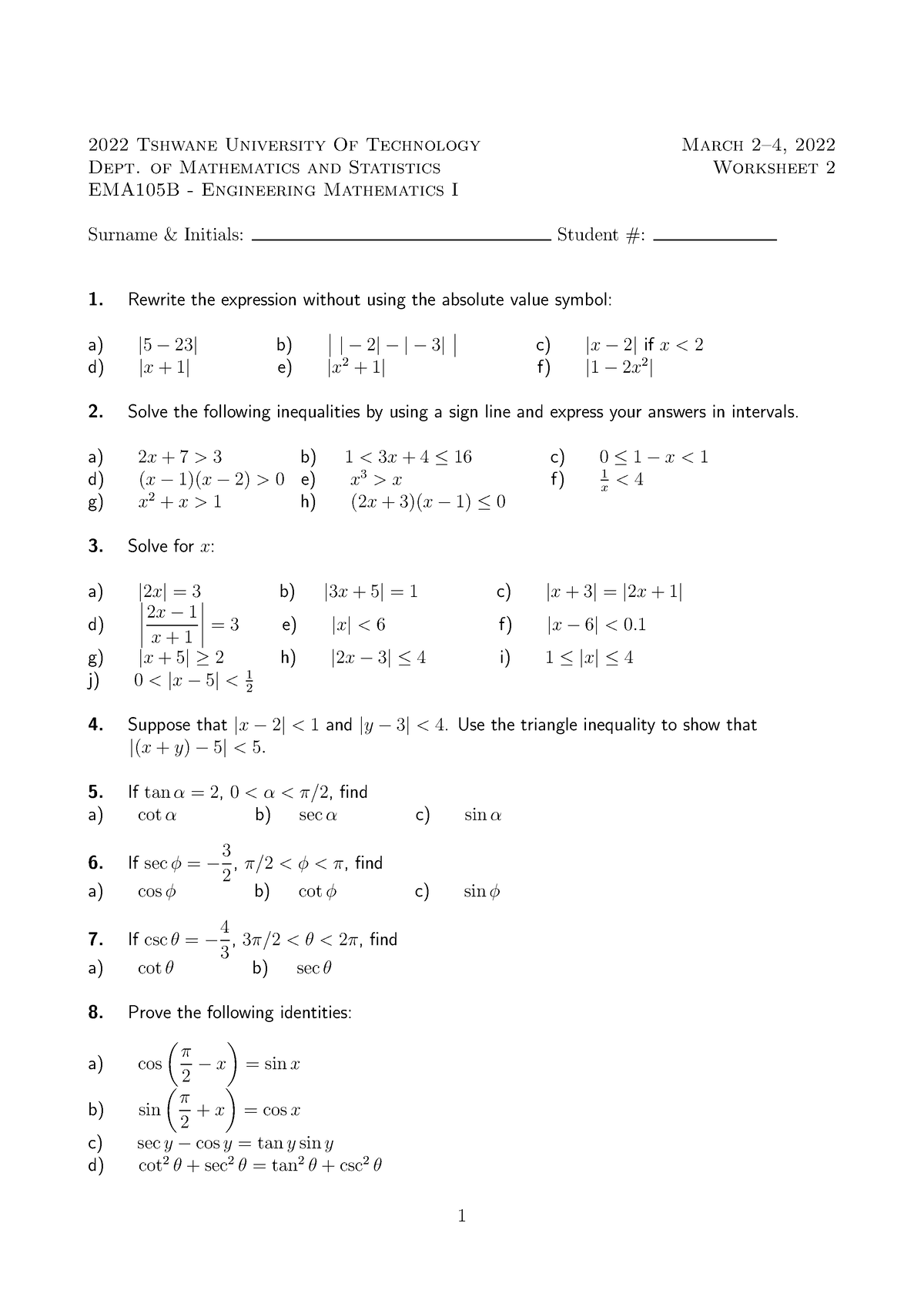 Worksheet 2 2022 - useful - 2022 Tshwane University Of Technology March ...