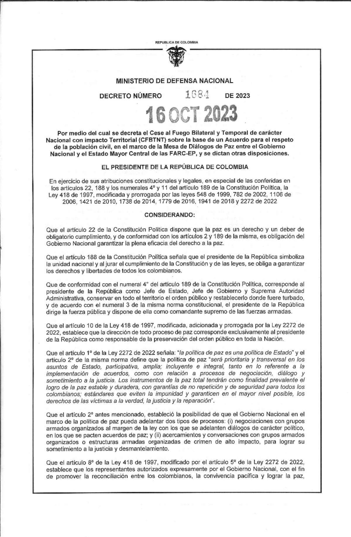 Decreto 1684 Del 16 De Octubre De 2023 - Teoria Del Conflicto Y La ...