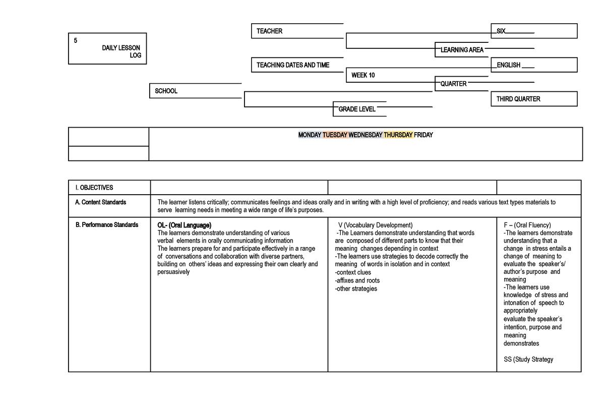 Grade 6 week-10 - Lesson Plan - 5 DAILY LESSON LOG SCHOOL TEACHER ...