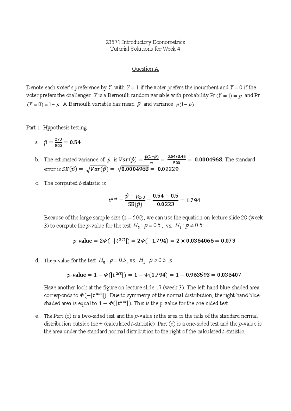 Tutorial solutions week 4 - 23571 Introductory Econometrics Tutorial ...