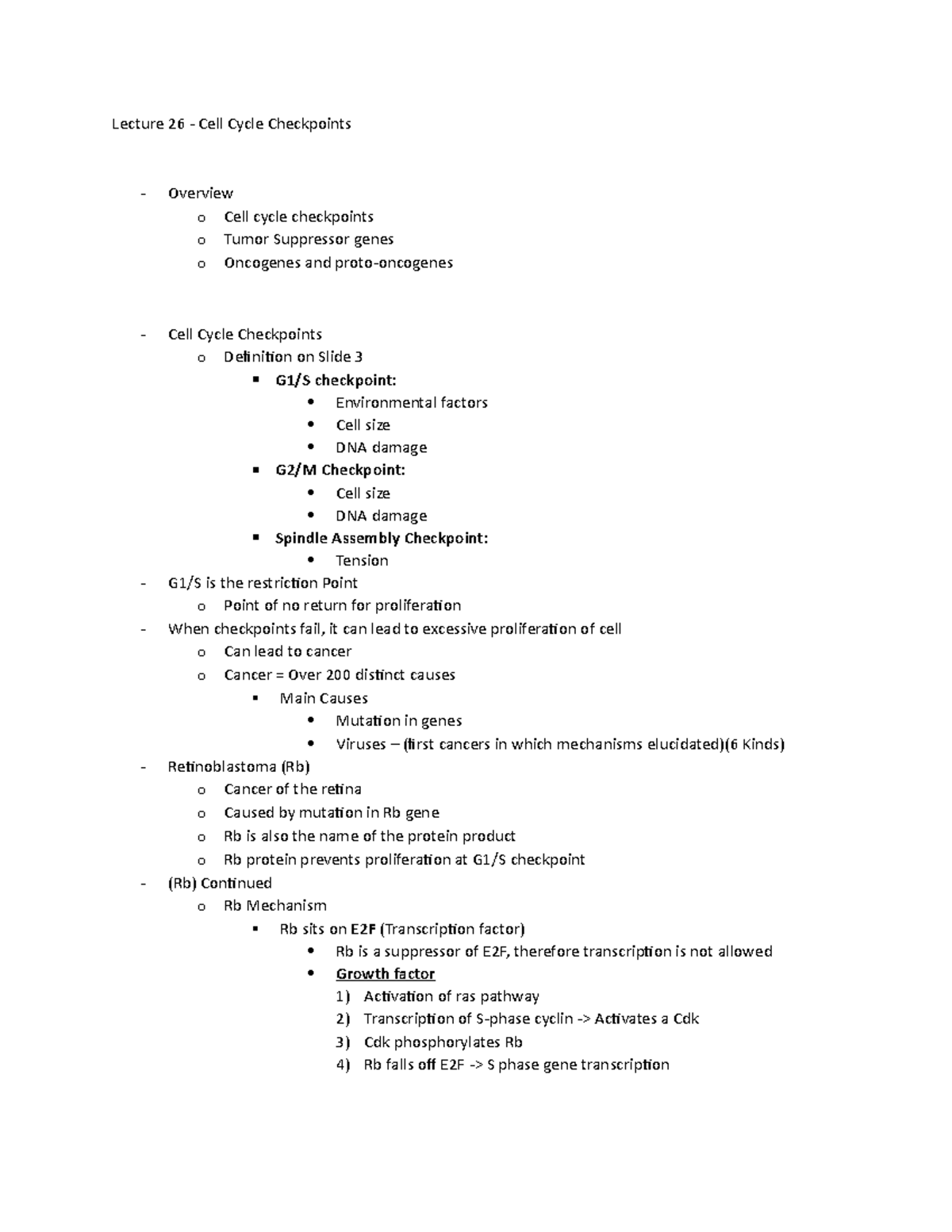 Lecture notes, lecture 2426 Lecture 26 Cell Cycle Checkpoints