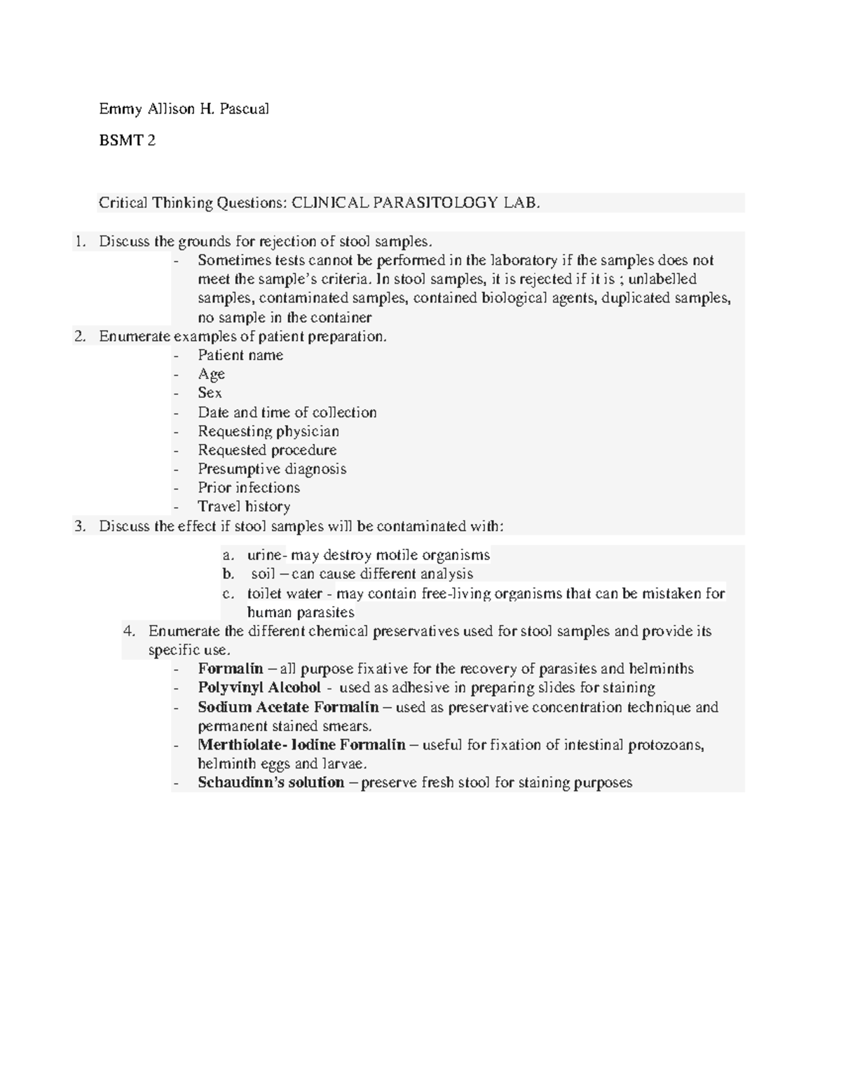 parasitology stool sample - Emmy Allison H. Pascual BSMT 2 Critical ...