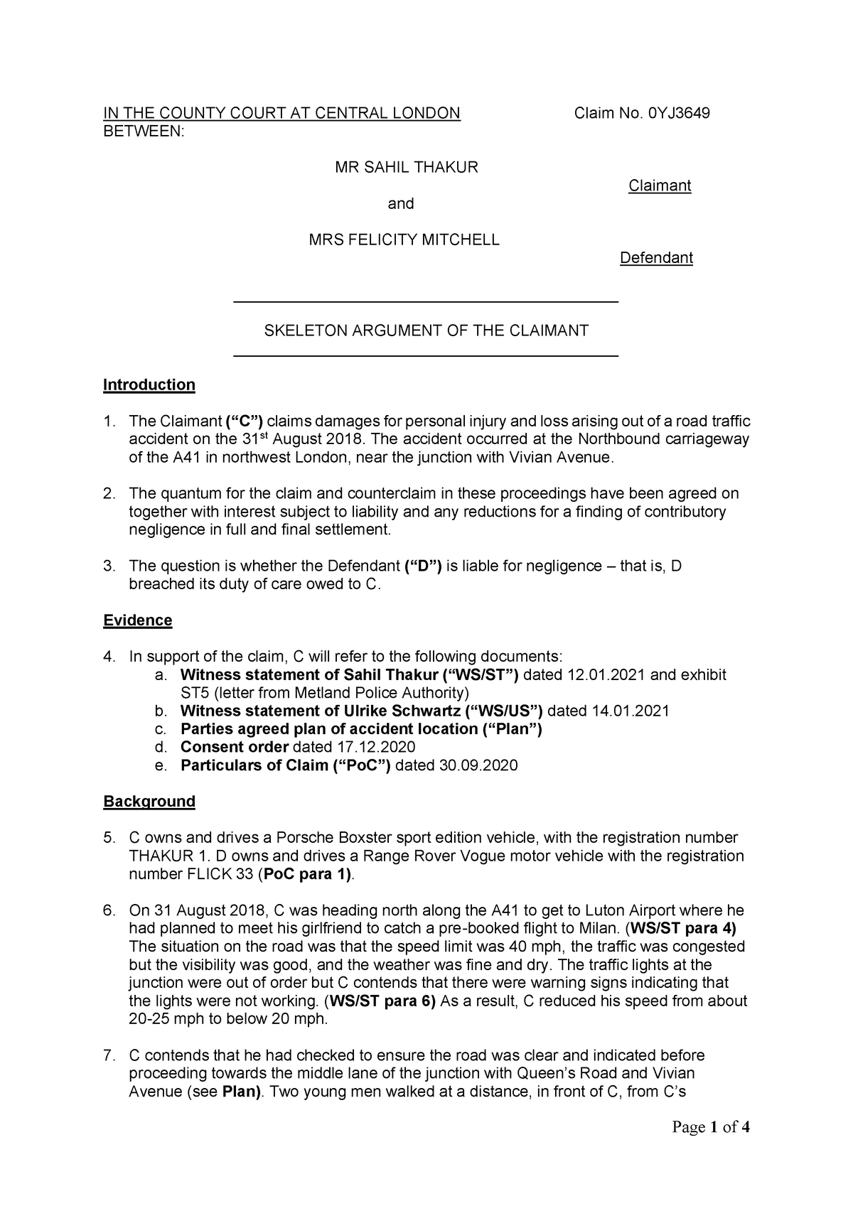 skeleton-argument-for-the-claimant-thakur-v-mitchell-civil-trial