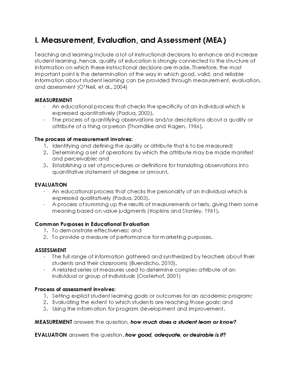 Module 1 MEA - basta notes - I. Measurement, Evaluation, and Assessment ...