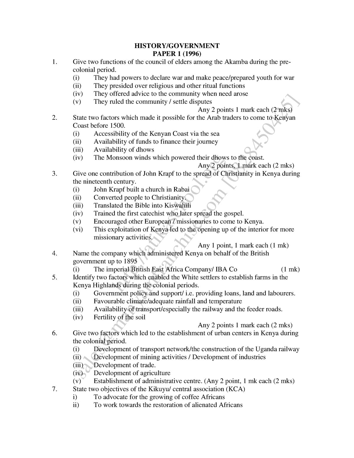 History Note HISTORY/GOVERNMENT PAPER 1 (1996) Give two functions