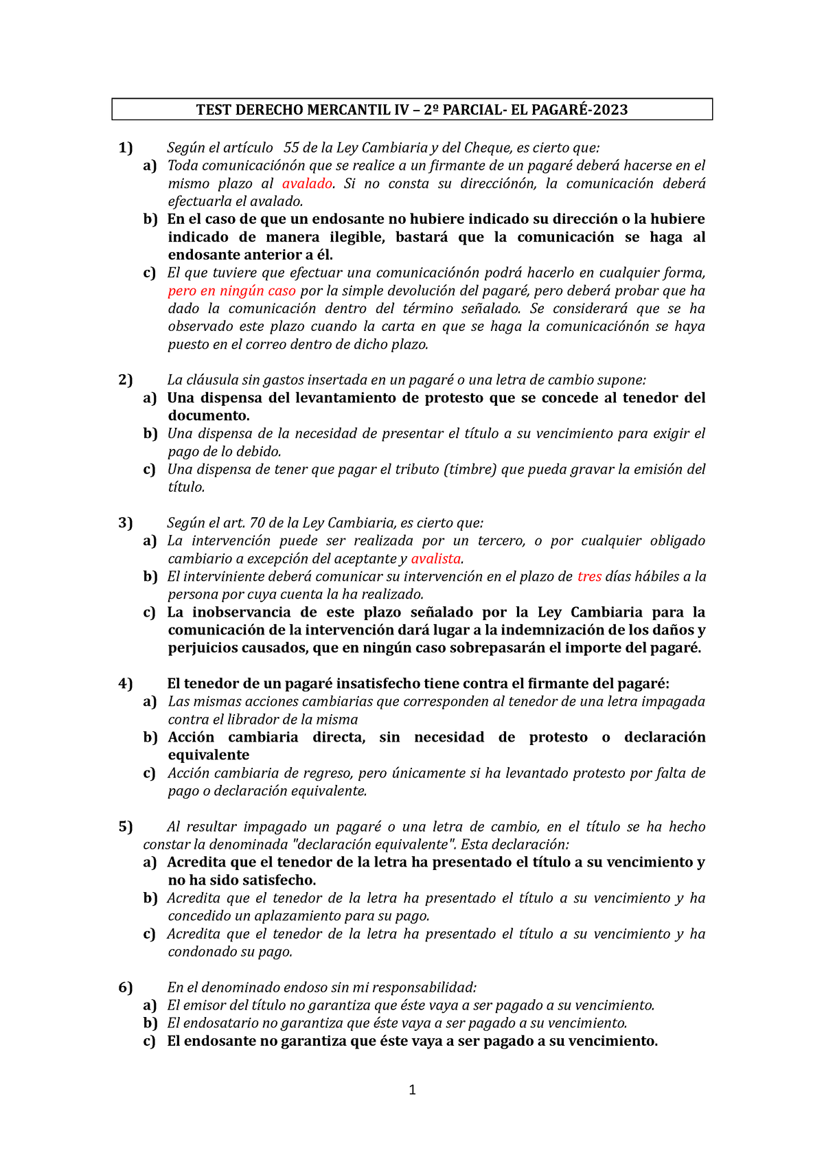 TEST Derecho Mercantil IV EL Pagaré CON Respuestas TEST DERECHO MERCANTIL IV º