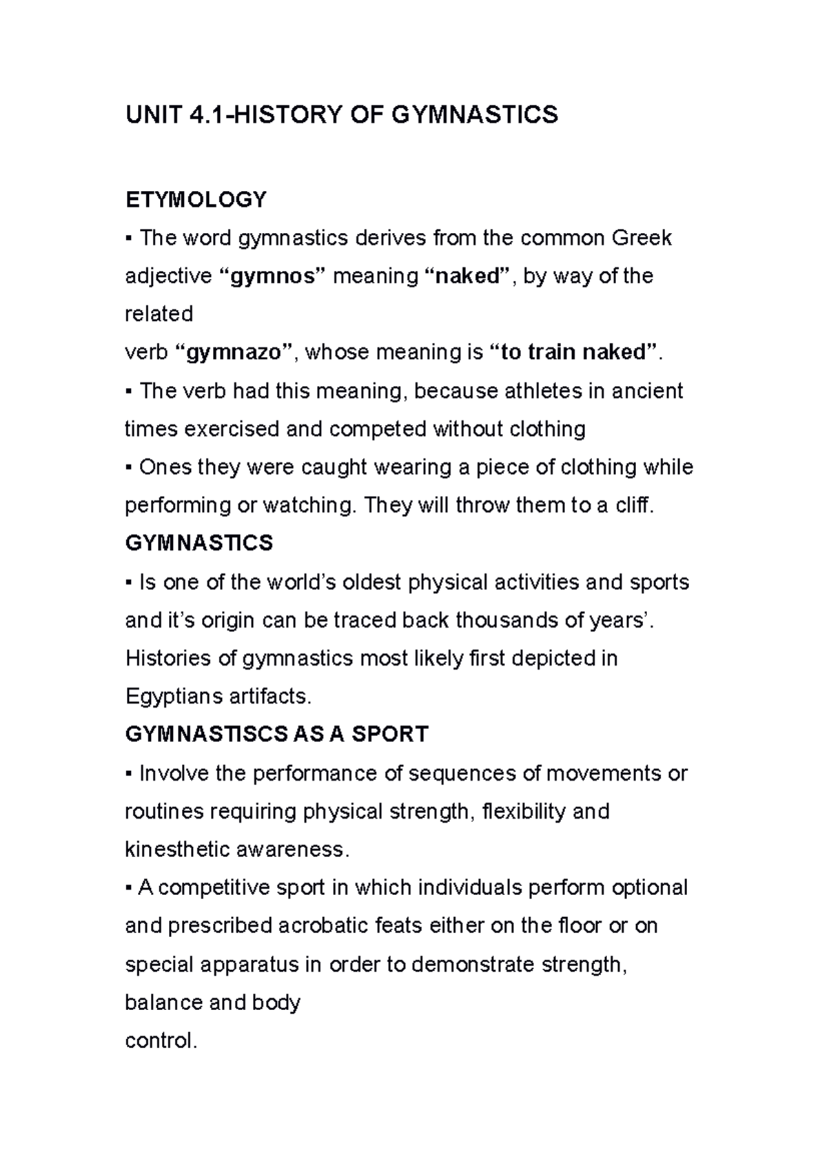 UNIT 4.1 History OF Gymnastics UNIT 4HISTORY OF GYMNASTICS