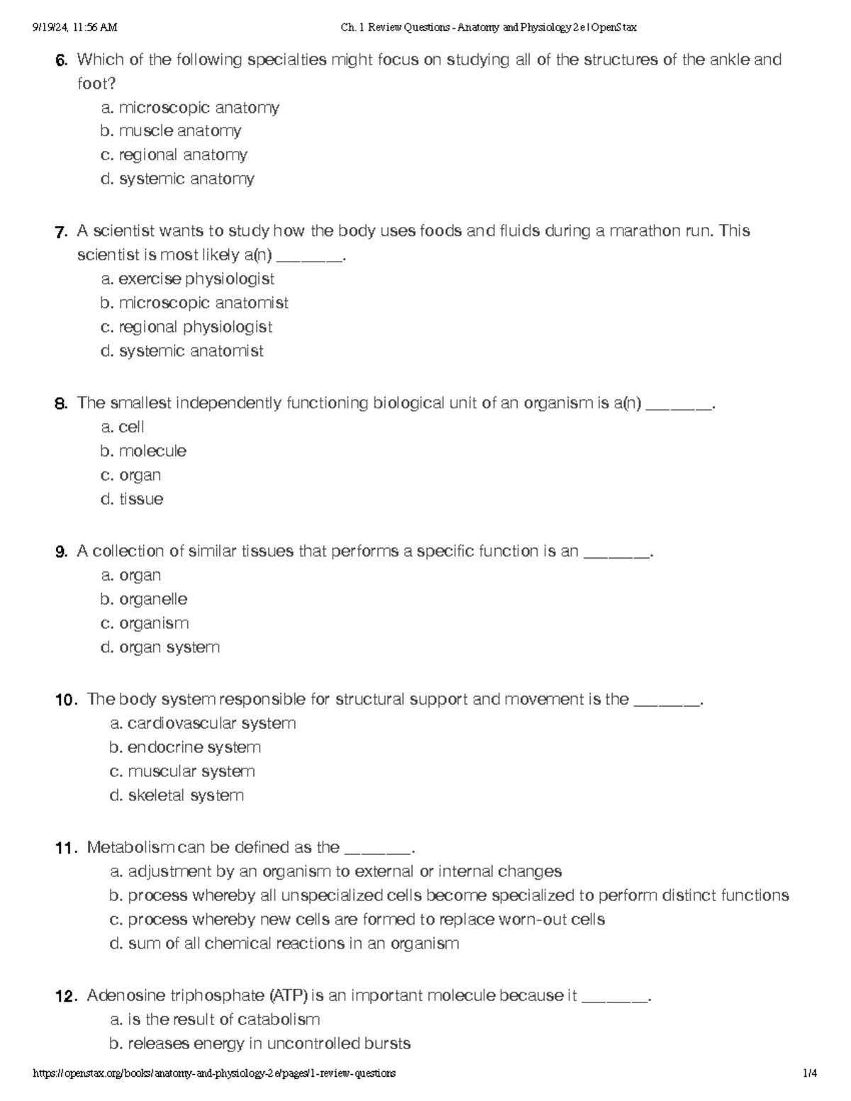 Ch 1 review questions anatomy and physiology 2e open stax which of