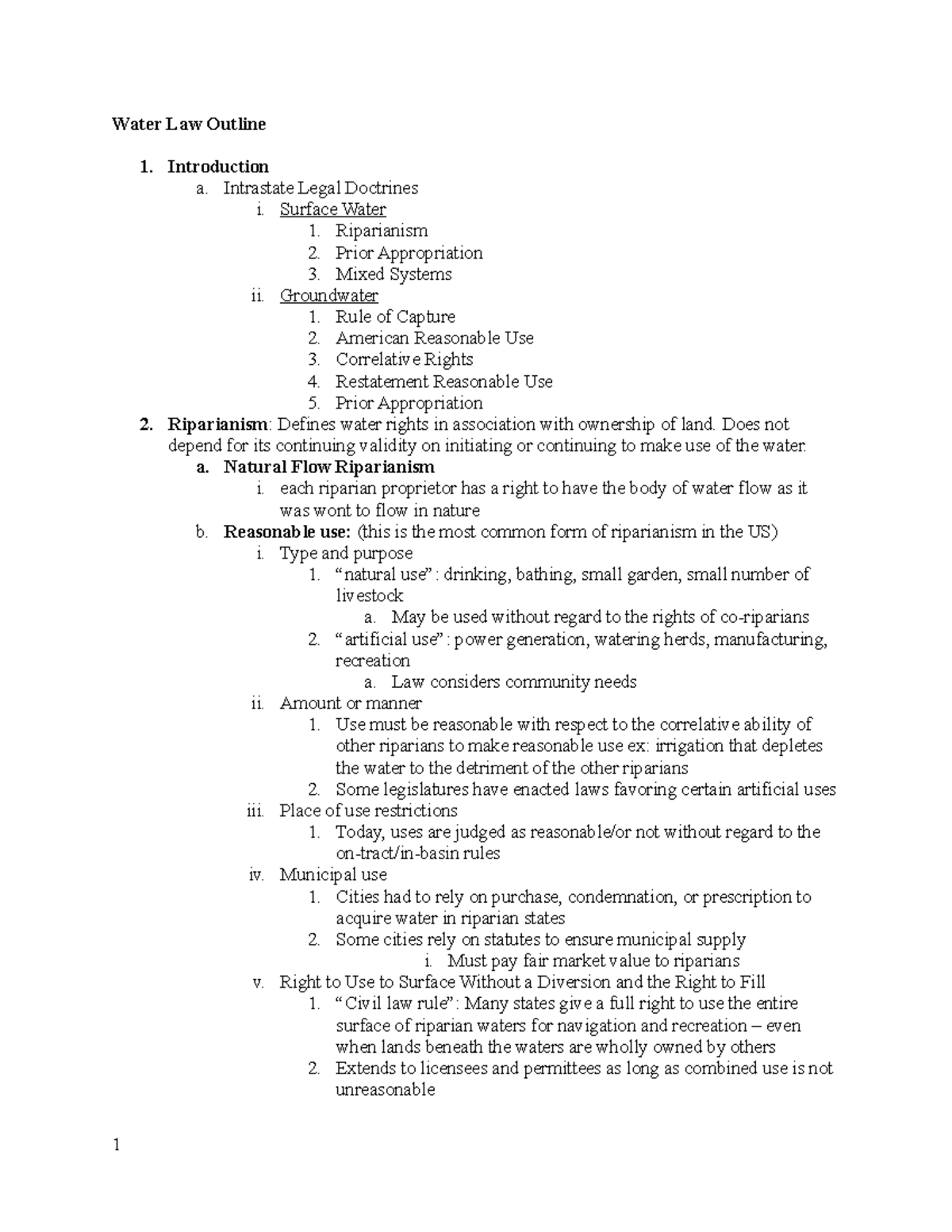 Water Law Outline - Prof. Robison - Water Law Outline Introduction a ...