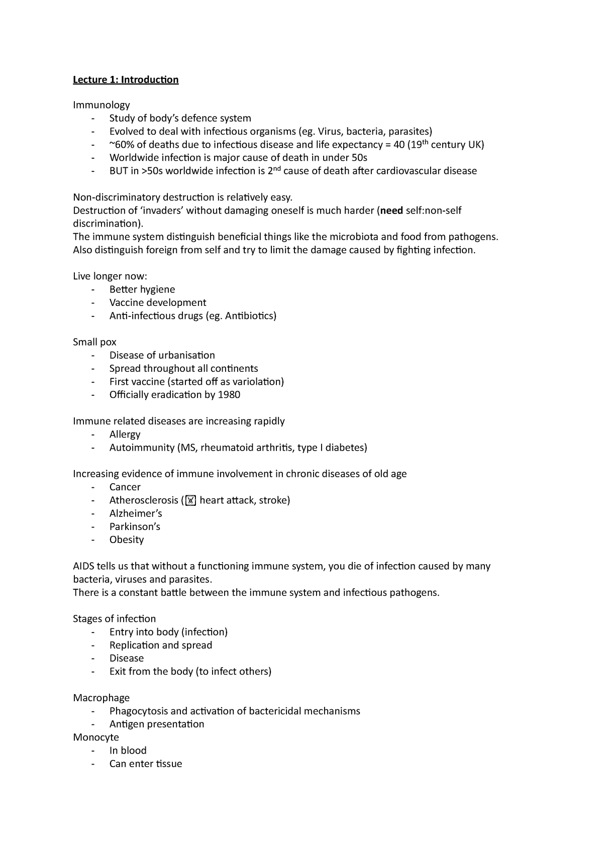 Immunology notes - Lecture 1: Introduc Immunology -­‐ Study of body’s ...