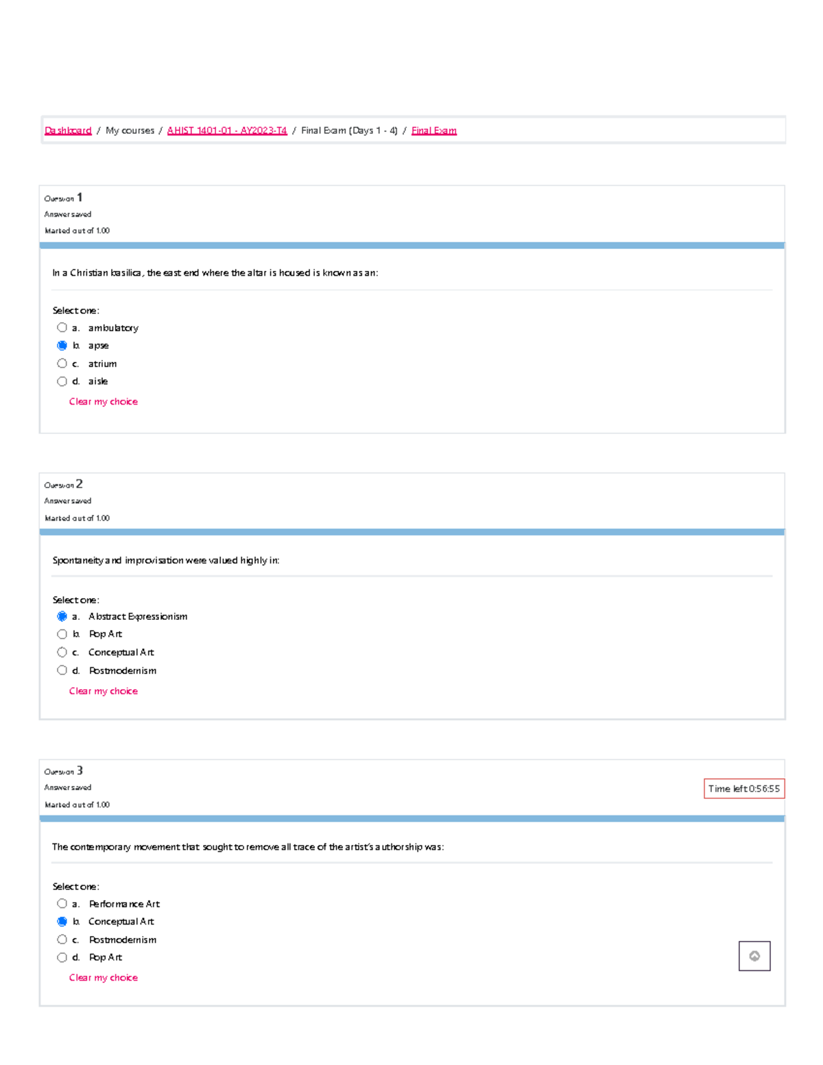 Art History Final Exam Question 1 Answer saved Marked out of 1