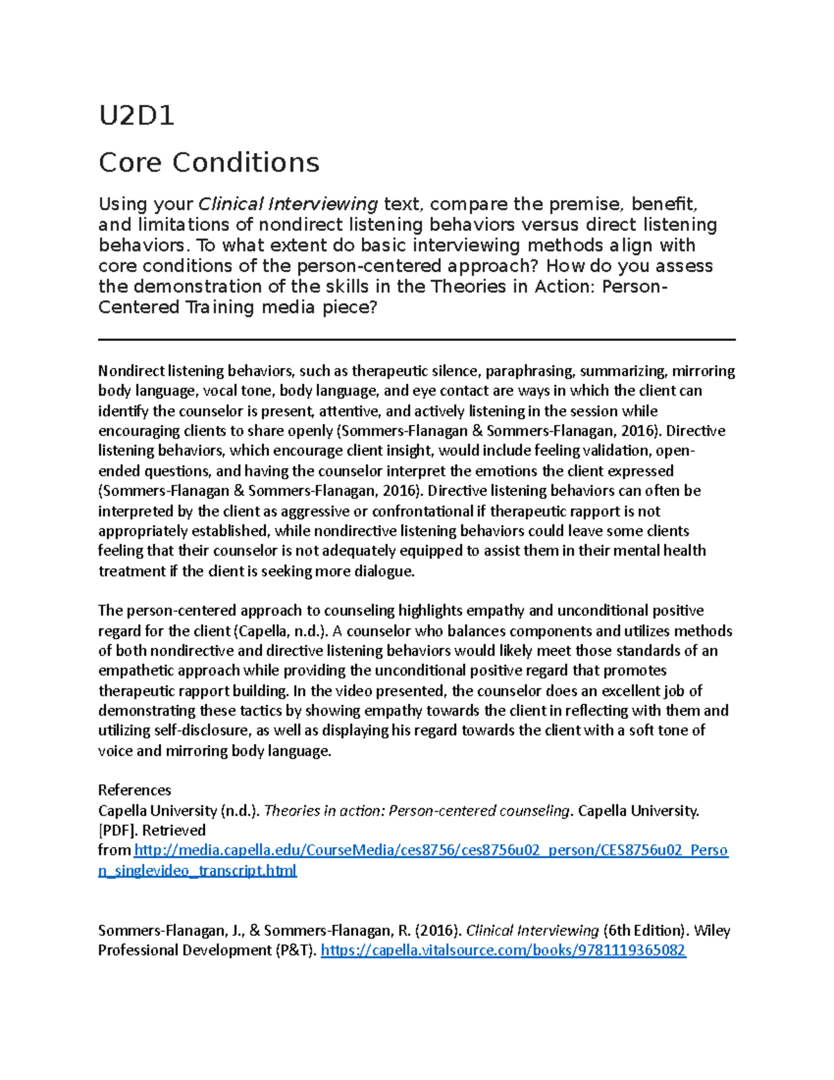 U2 Discussion post - U2D Core Conditions Using your Clinical ...