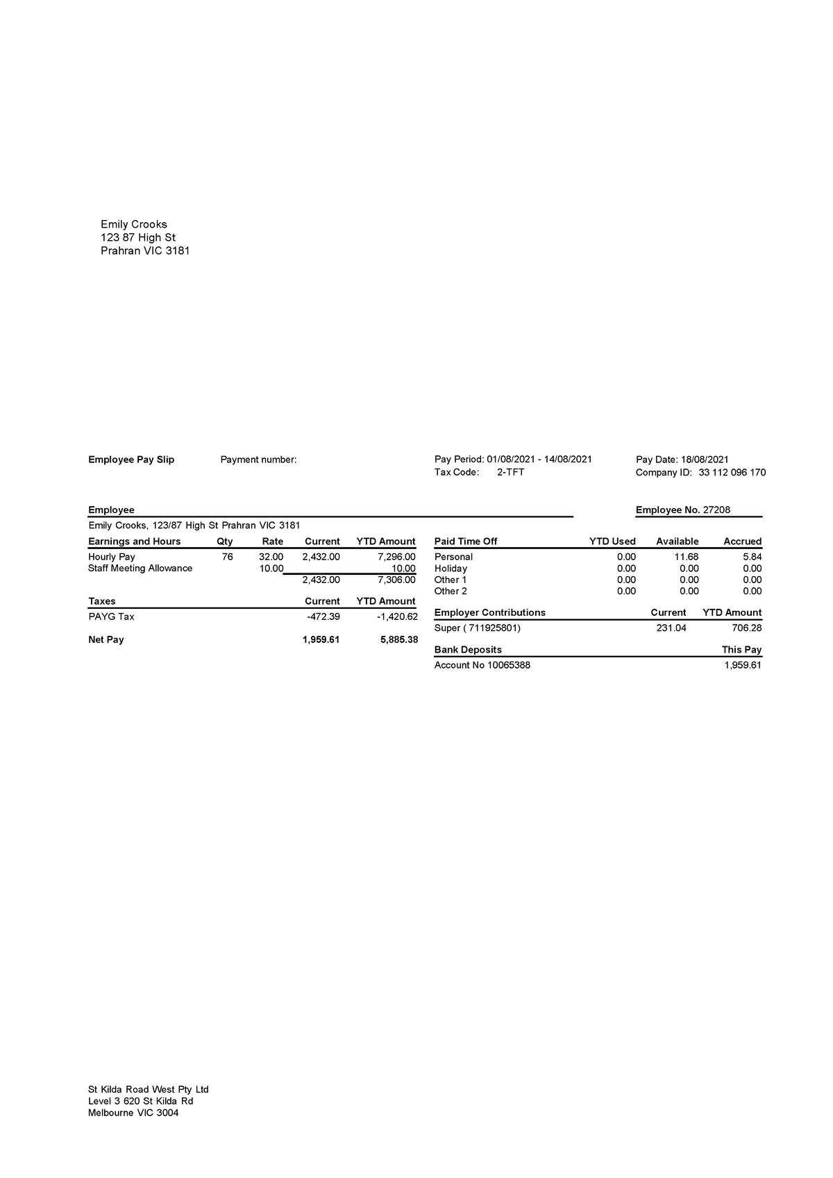 3. payslip 14082021 ecrooks 27208 - Emily Crooks 123 87 High St Prahran ...