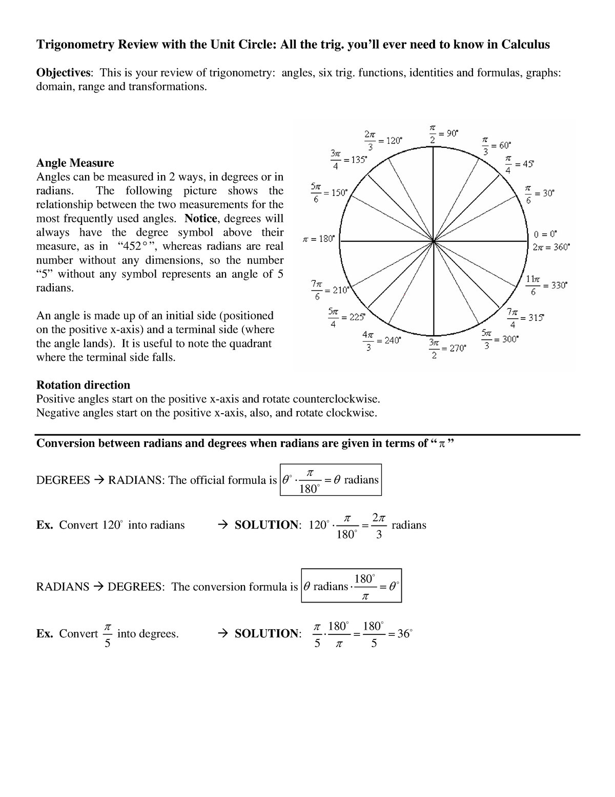 Unitcircletrigreview - Trigonometry Review with the Unit Circle: All ...