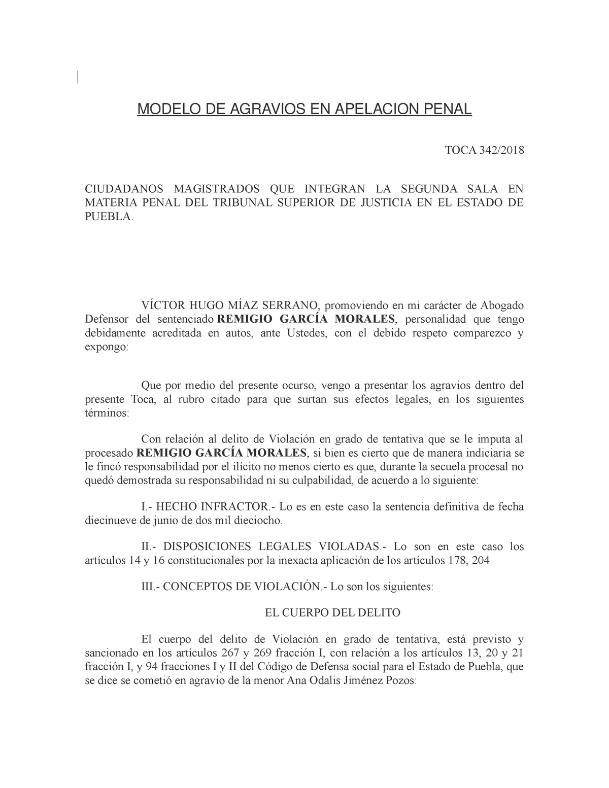 Modelo DE Agravios EN Apelacion Penal - MODELO DE AGRAVIOS EN APELACION  PENAL TOCA 342/ CIUDADANOS - Studocu
