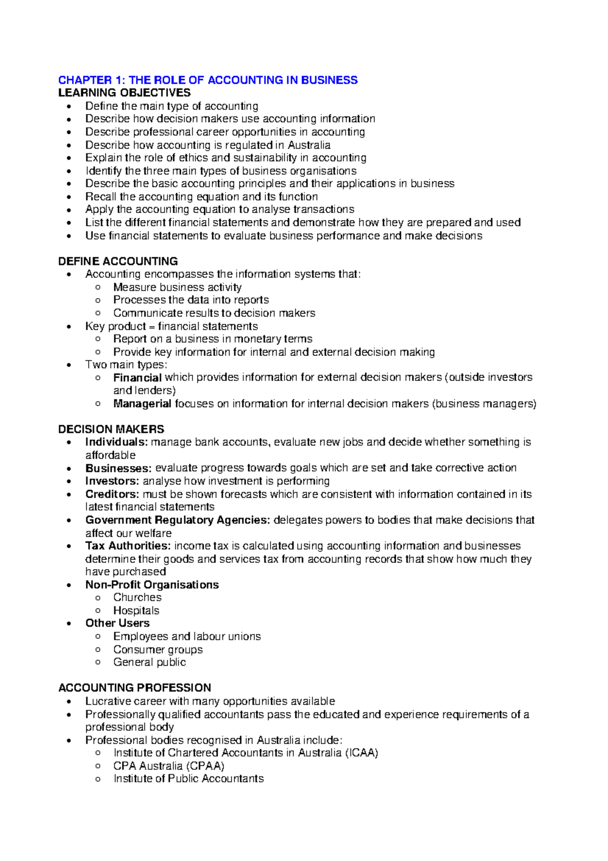 Accounting-notes - Accounting notes - CHAPTER 1: THE ROLE OF ACCOUNTING ...