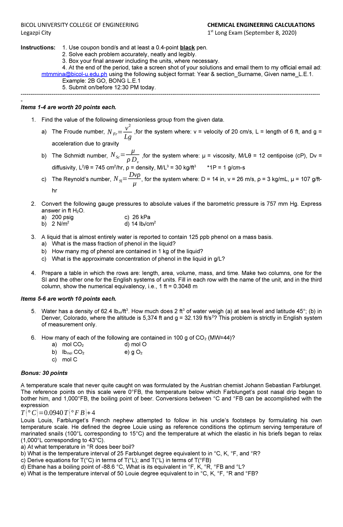 Transport Processes Che121 Bicol University College Of Engineering Chemical Engineering Calculations Legazpi City St Long Exam September Instructions Studocu