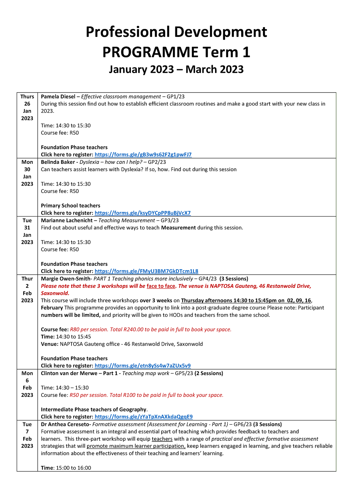 PD Term 1 2023 Programme - Professional Development PROGRAMME Term 1 ...