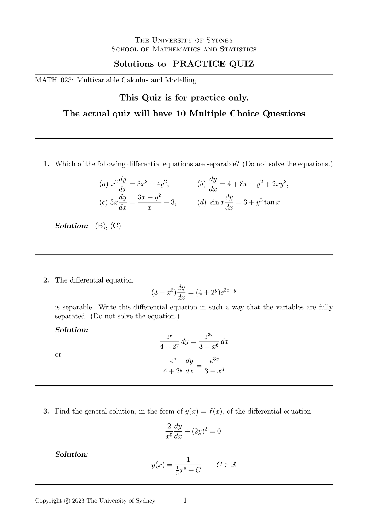 Practice-Quiz- Solutions - The University Of Sydney School Of ...