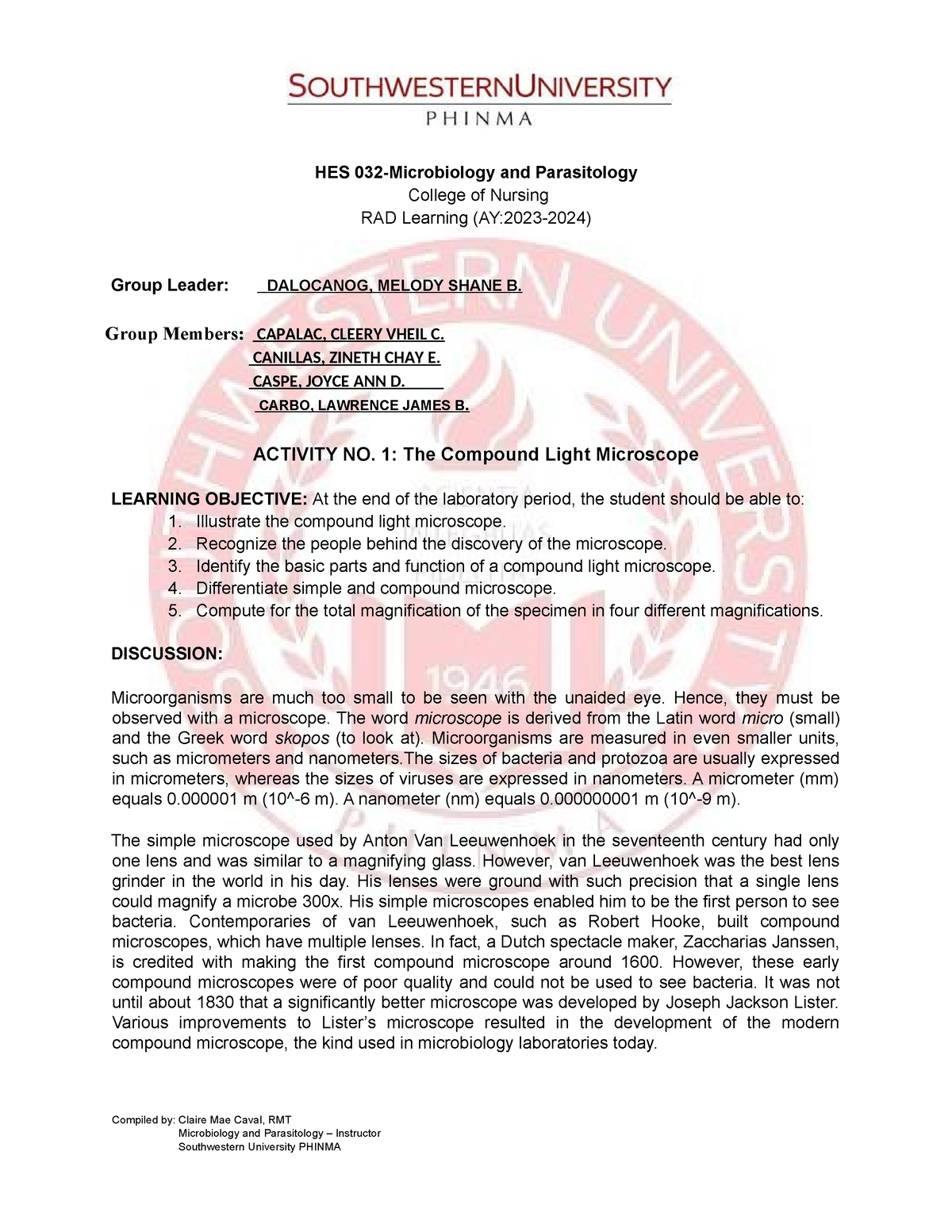 HES 032 BSN Lab Activity 1 - HES 032-Microbiology And Parasitology ...