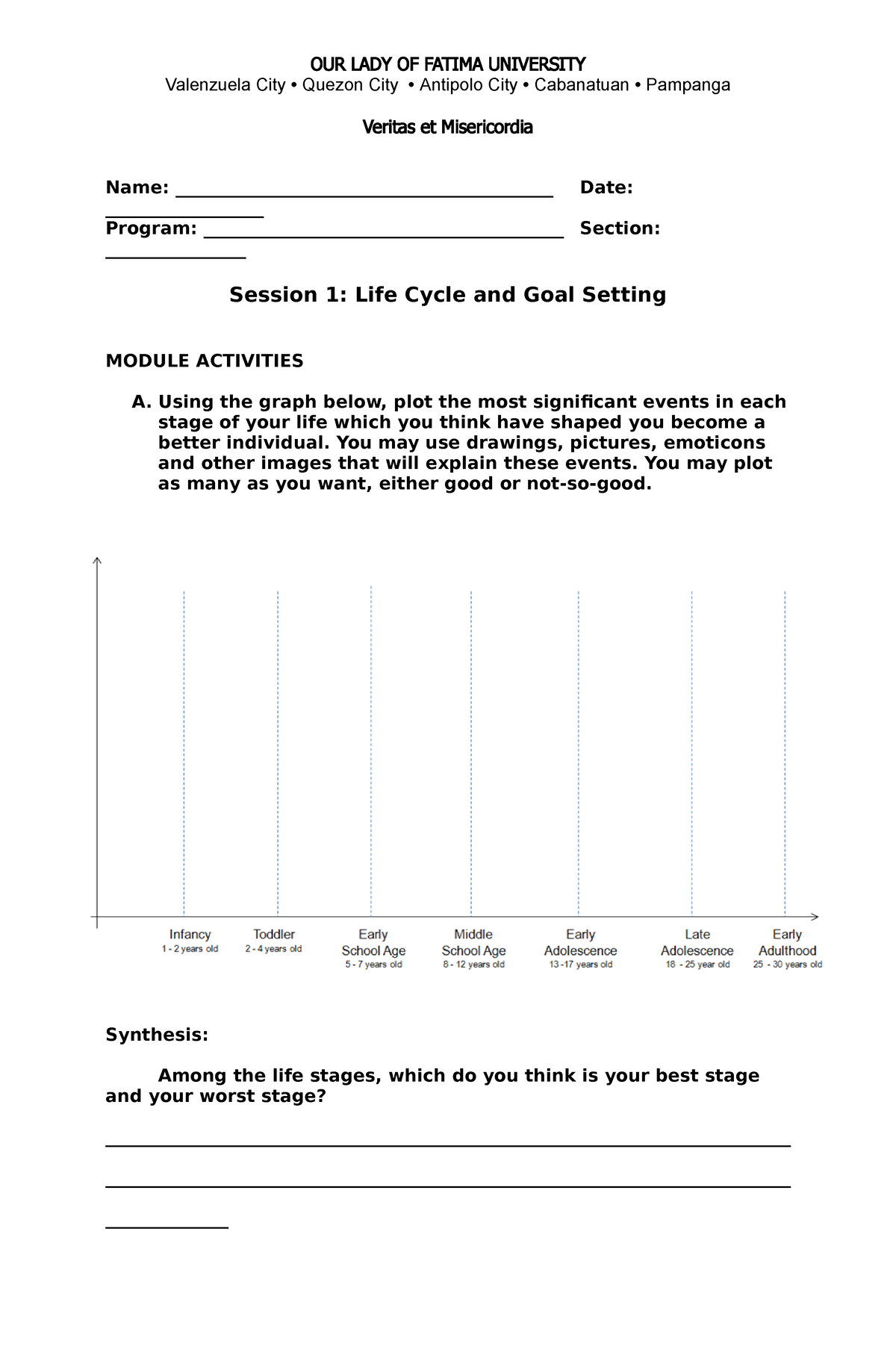 Session 1 Life Cycle And Goal Setting 1 OUR LADY OF FATIMA 