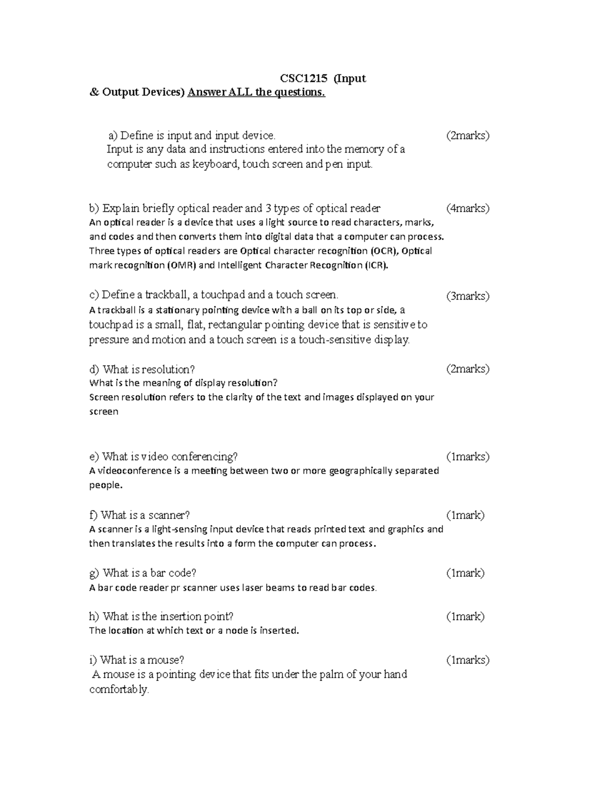 Chap 3 Input Output Devices answers - CSC1215 (Input & Output Devices ...