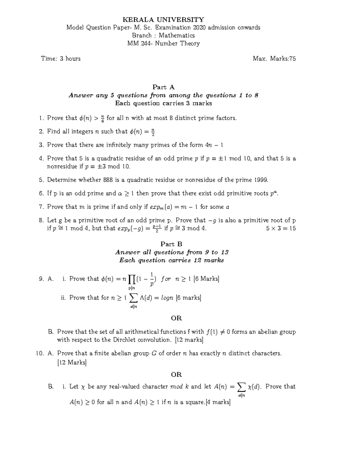 Numbertheory 1647845976 - KERALA UNIVERSITY Model Question Paper- M. Sc ...