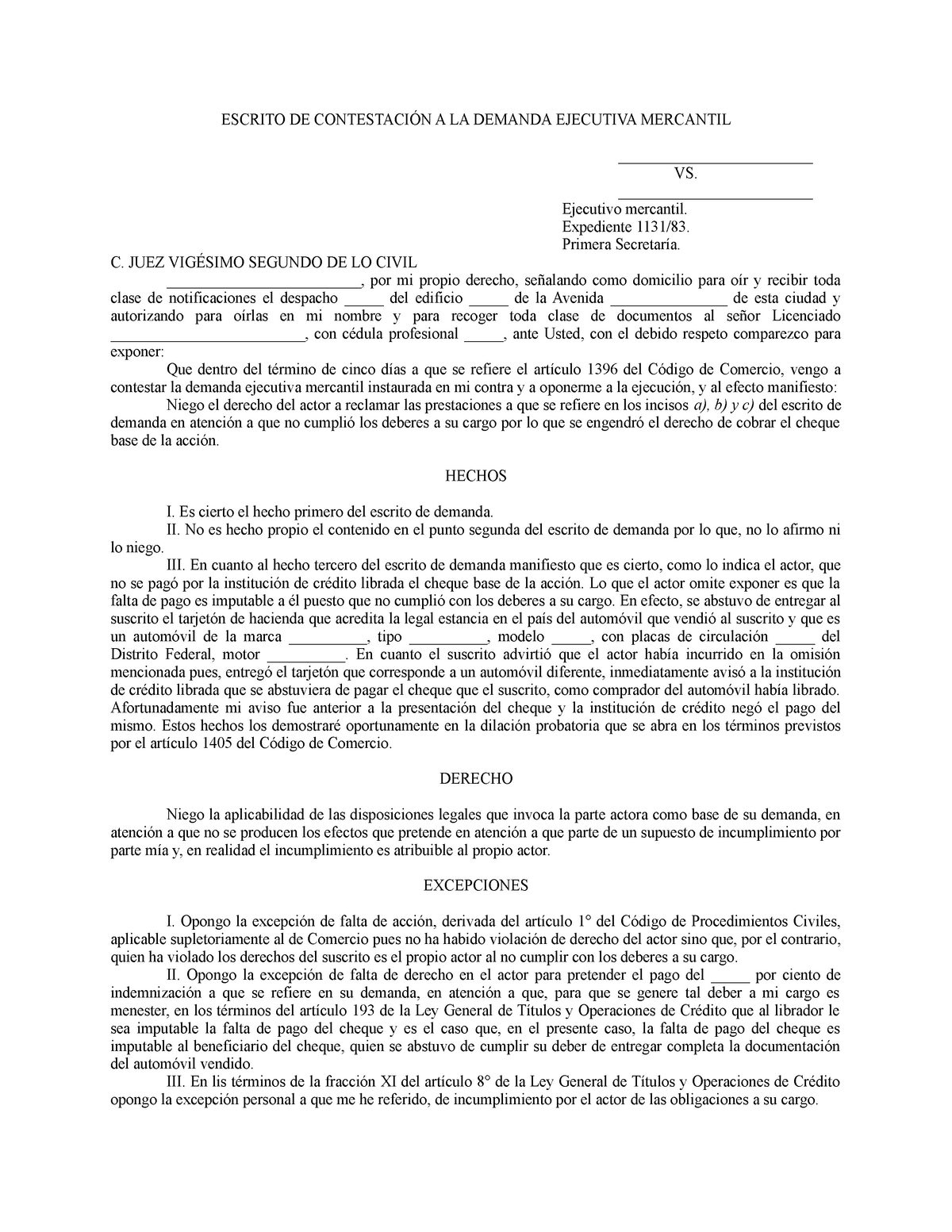 Contestación a demanda de juicio ejecuivo mercantil - ESCRITO DE  CONTESTACIÓN A LA DEMANDA EJECUTIVA - Studocu