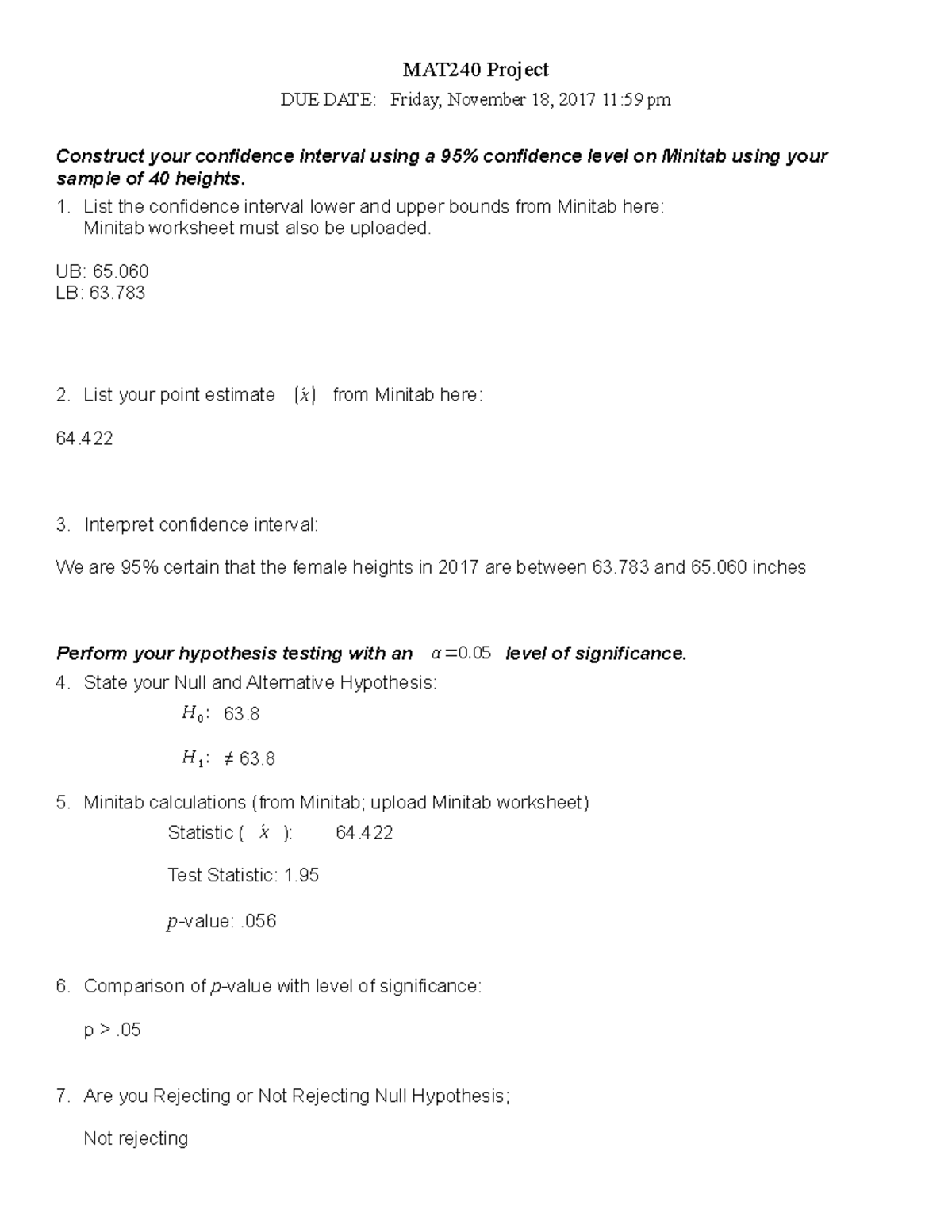 MAT240 Project Assignment Sheet MAT240 Project DUE DATE Friday