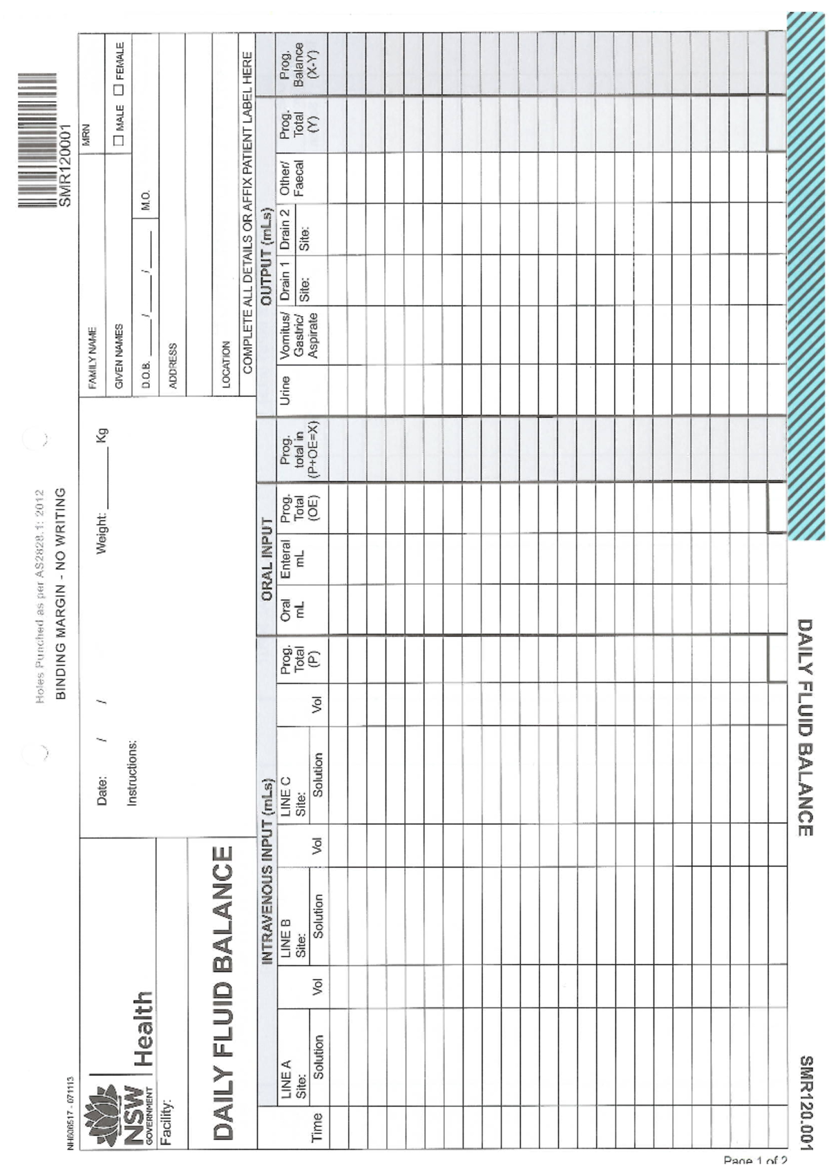 NSW Health Daily Fluid Balance Chart Holes Punched as per AS2828