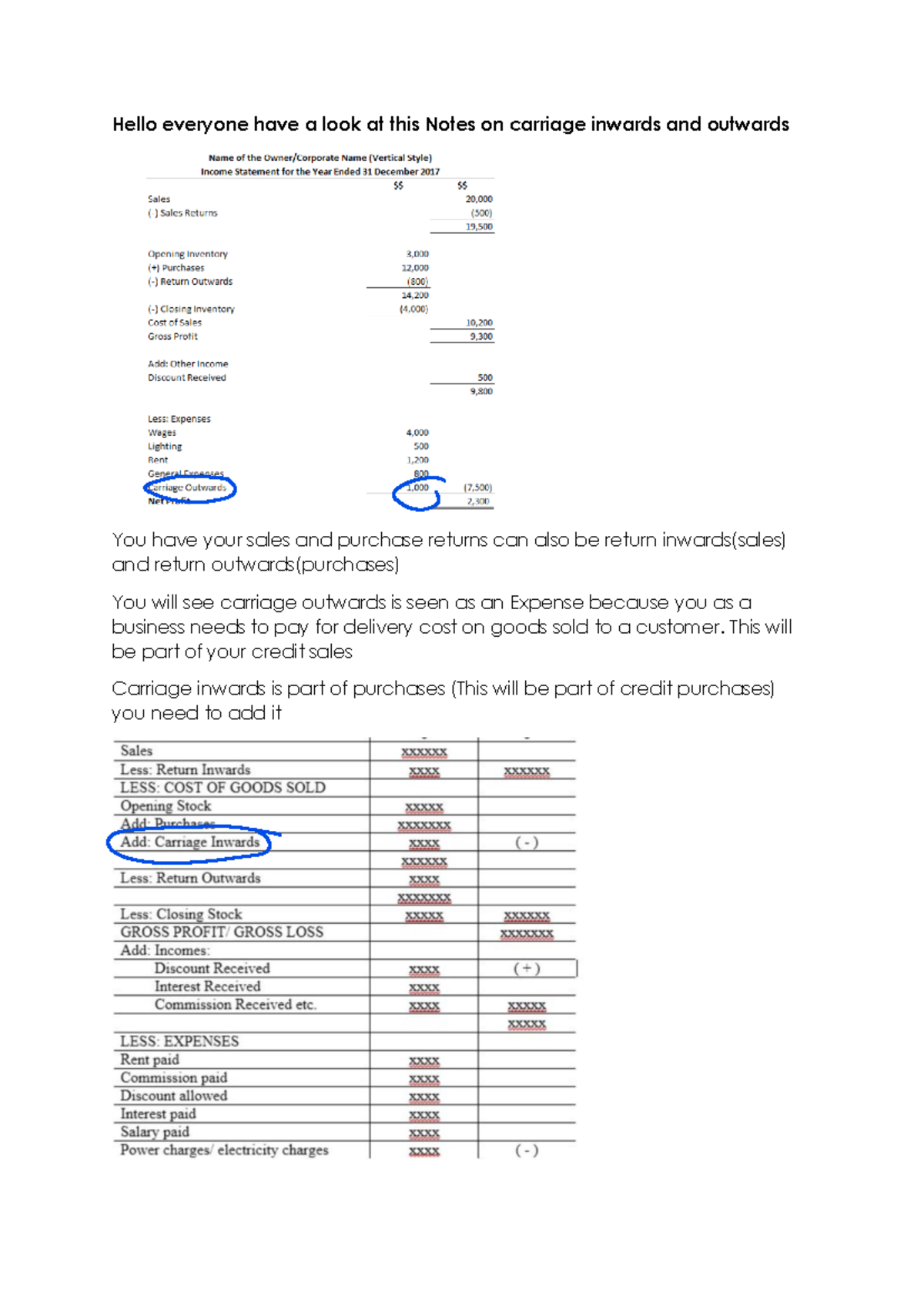 Notes on carrige inwards and outwards This will be part of your