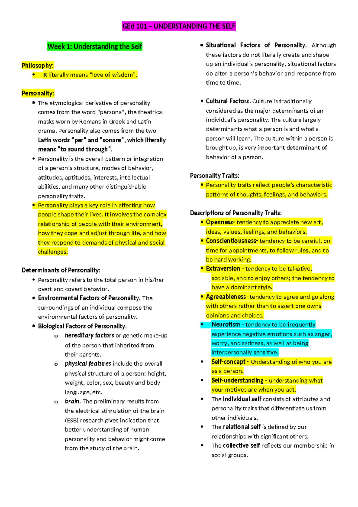 Understanding the Self Reviewer - GEd 101 – UNDERSTANDING THE SELF Week ...