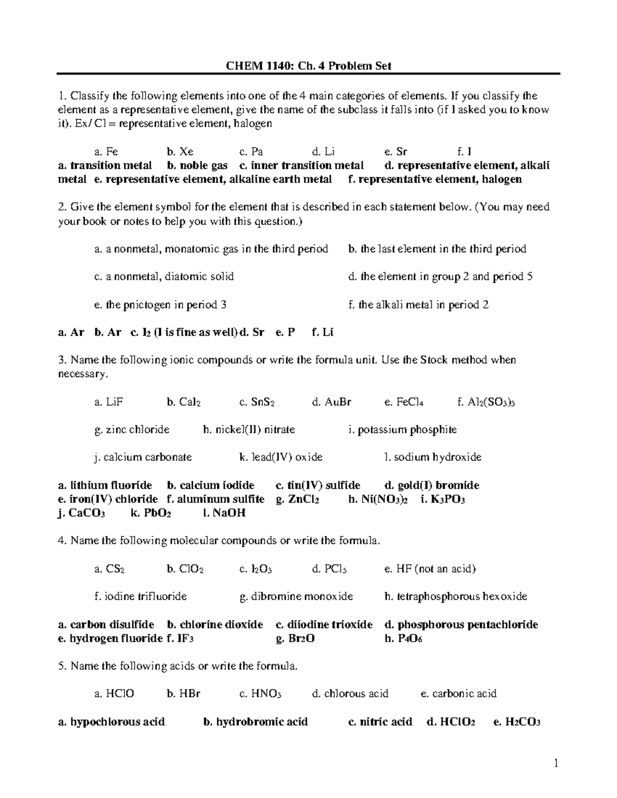 Chapter 4 - The Periodic Table And Chemical Nomenclature Problem Set ...