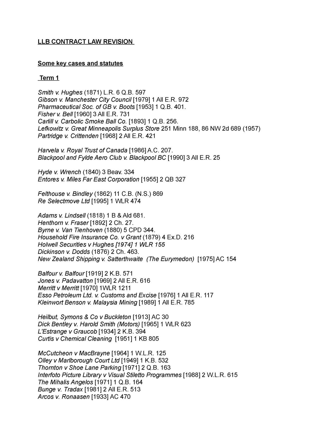 Some Key Cases Contract Law M222 City Studocu