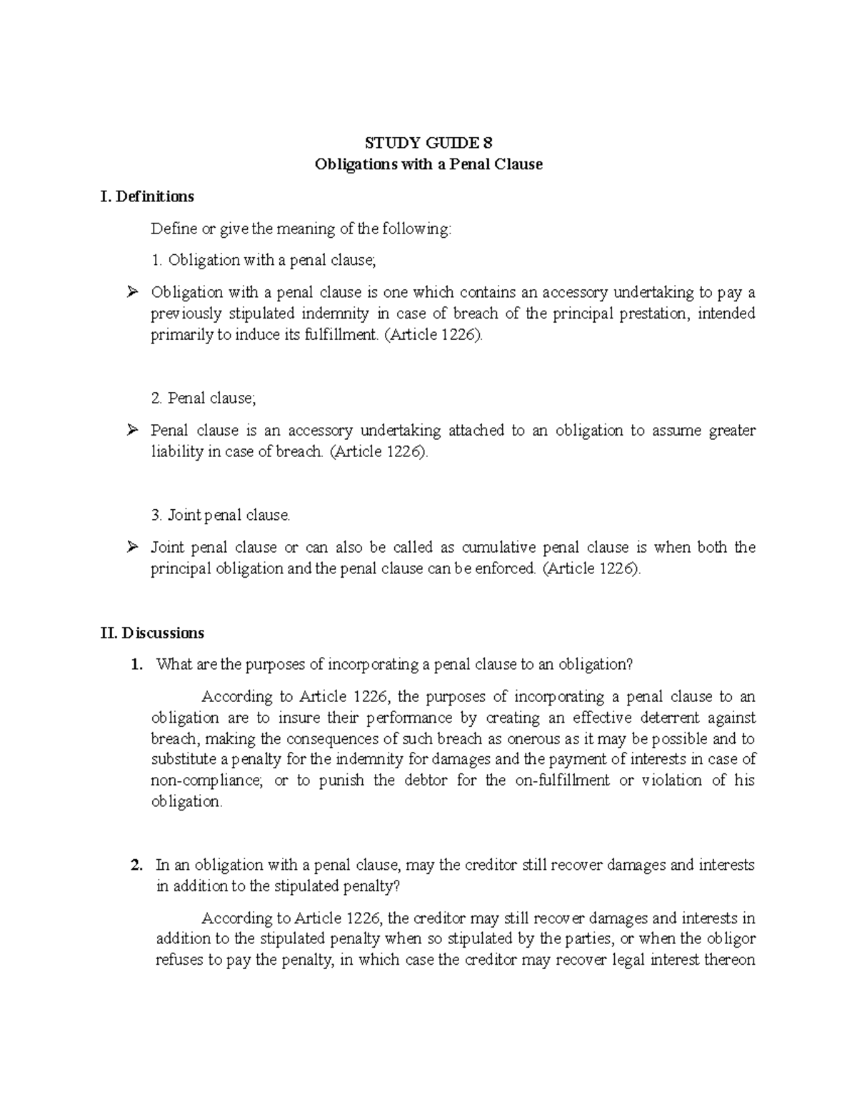 Oblicon Study Guide (11) - STUDY GUIDE 8 Obligations with a Penal ...