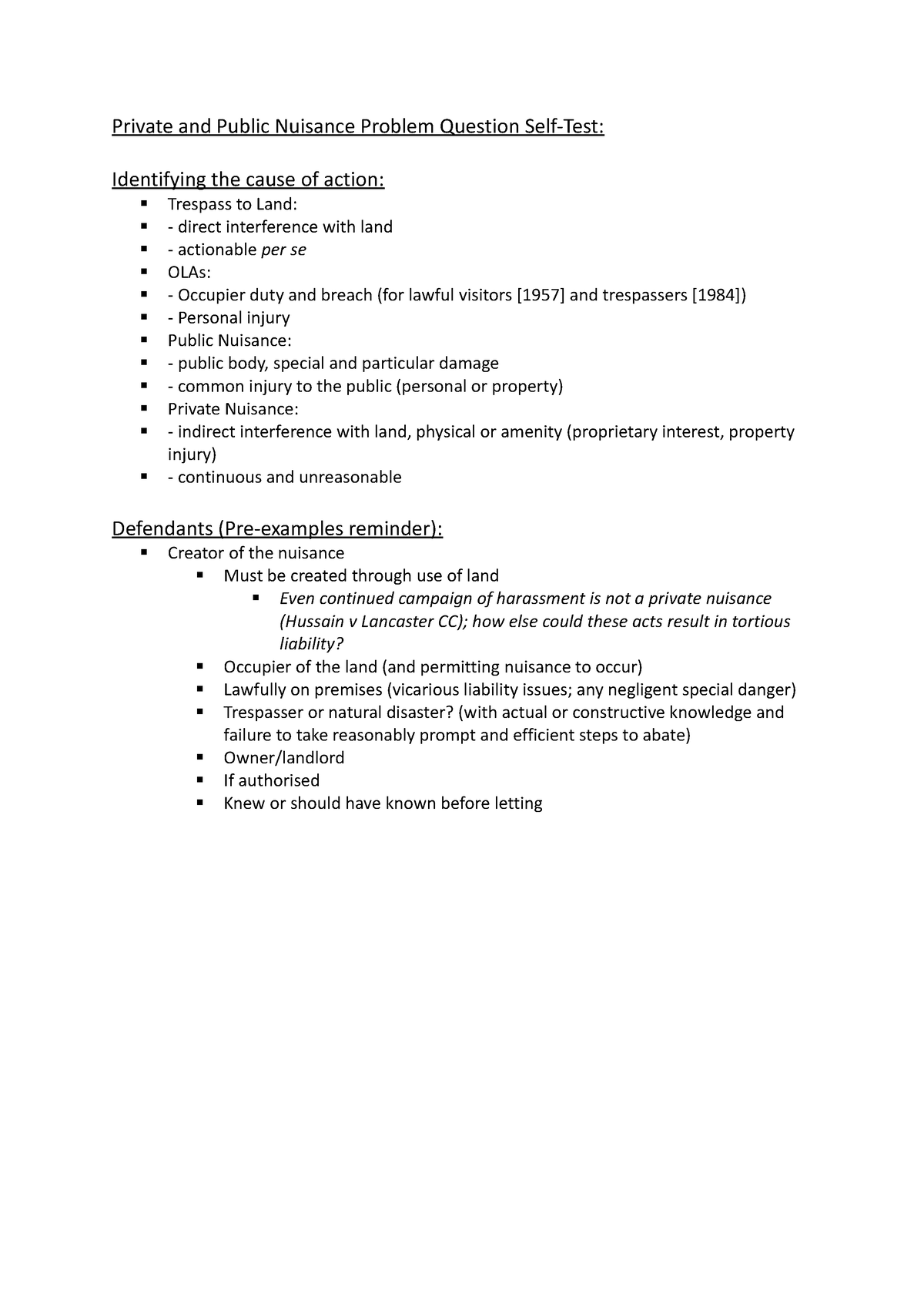 Law 224 W16 L1 Private and Public Nuisance Problem Question Self Test ...