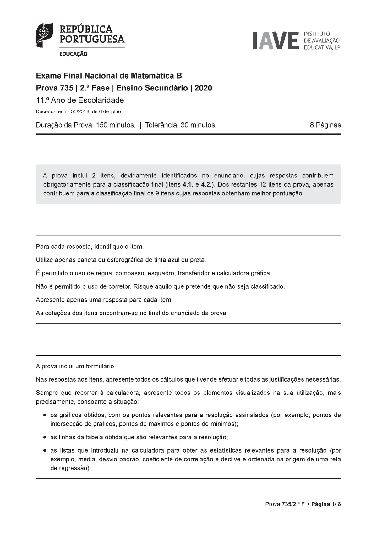 Exame 2020 2a Fase Exame Final Nacional De Matemática B Prova 735 2ª Fase Ensino 2240