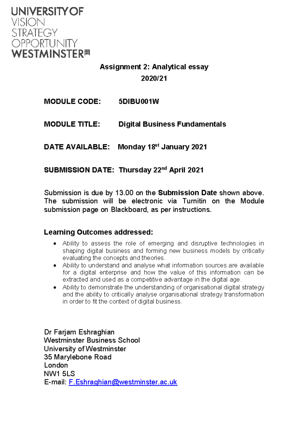 5DIBU001W Digital Business Fundamentals - Assignment 2 Brief V2020-21 ...