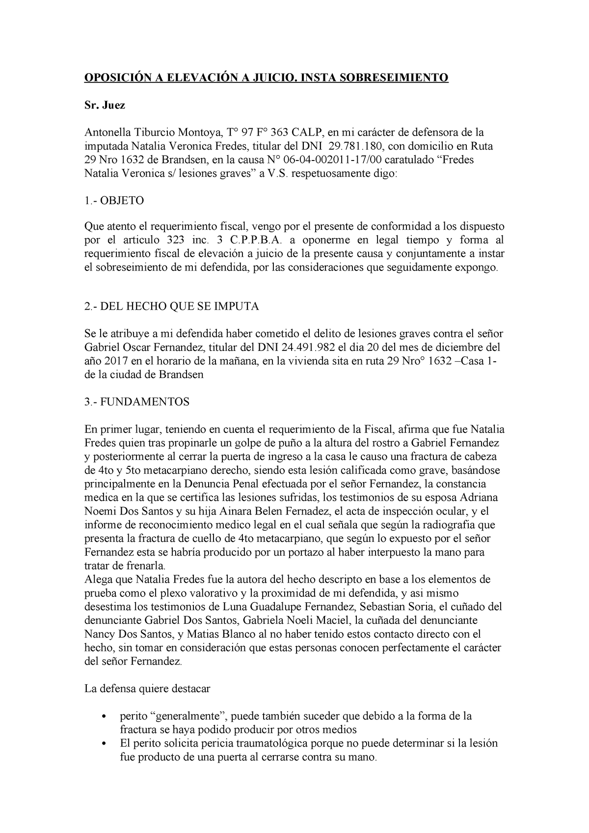 Oposicion DE Elevación A Juicio - Antonella Tiburcio Y Paula Colque ...