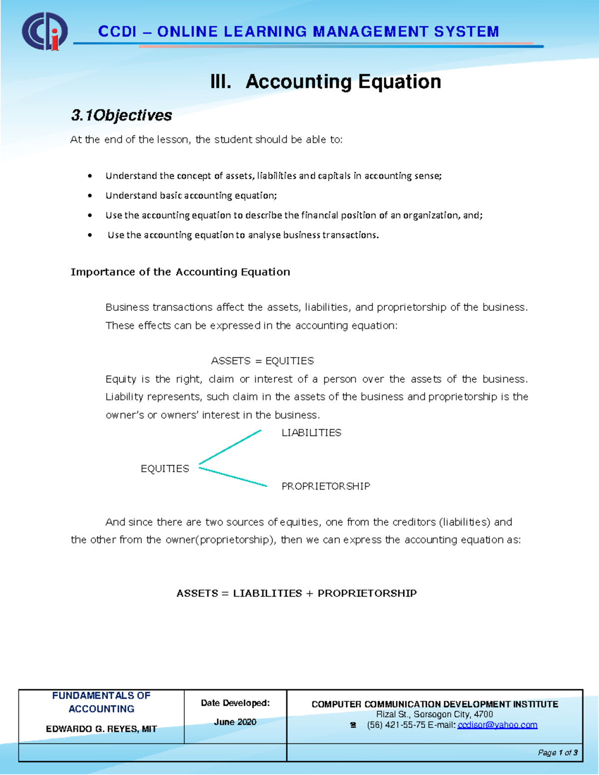 materia assignment #3 accounting equation normal balances