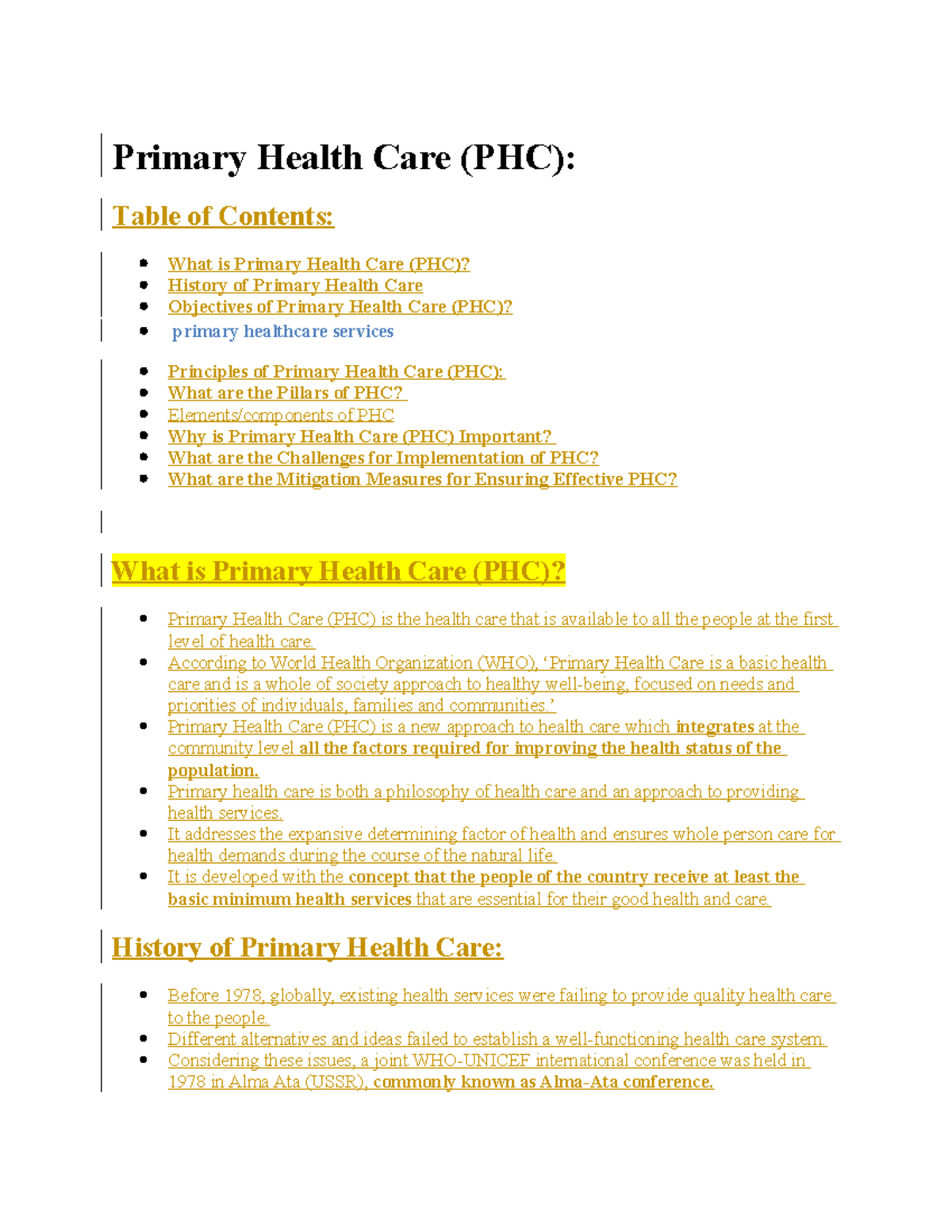 TEAM- Primary Health Care - Primary Health Care (PHC): Table of ...