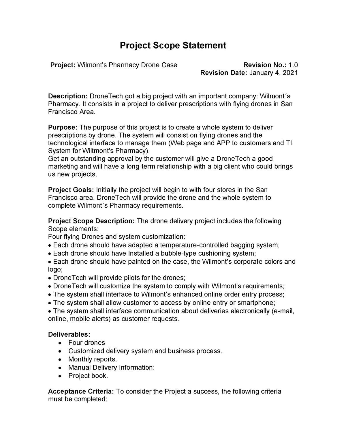 project budget based on the wilmont's pharmacy case study