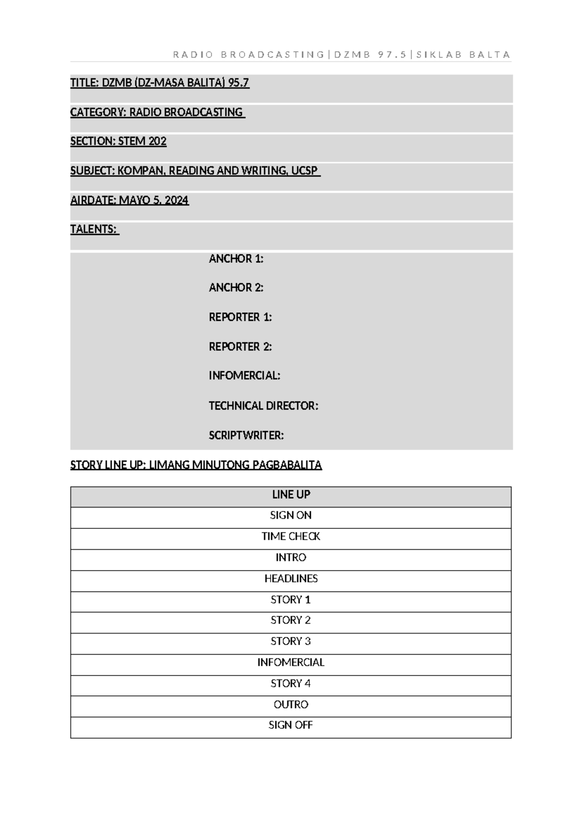 Radio broadcasting script - TITLE: DZMB (DZ-MASA BALITA) 95. CATEGORY ...