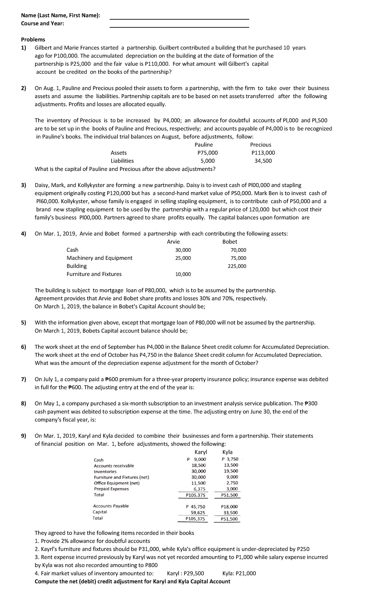 Q1 BAM201 - Sample Quiz - Name (Last Name, First Name): Course and Year ...